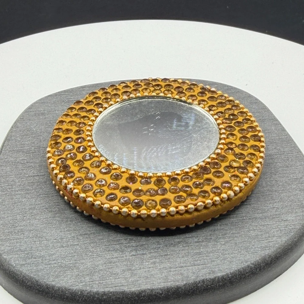 Gold & Amber Tone Rhinestone Round Pocket Purse Mirror Beaded Boho Vanity Decor